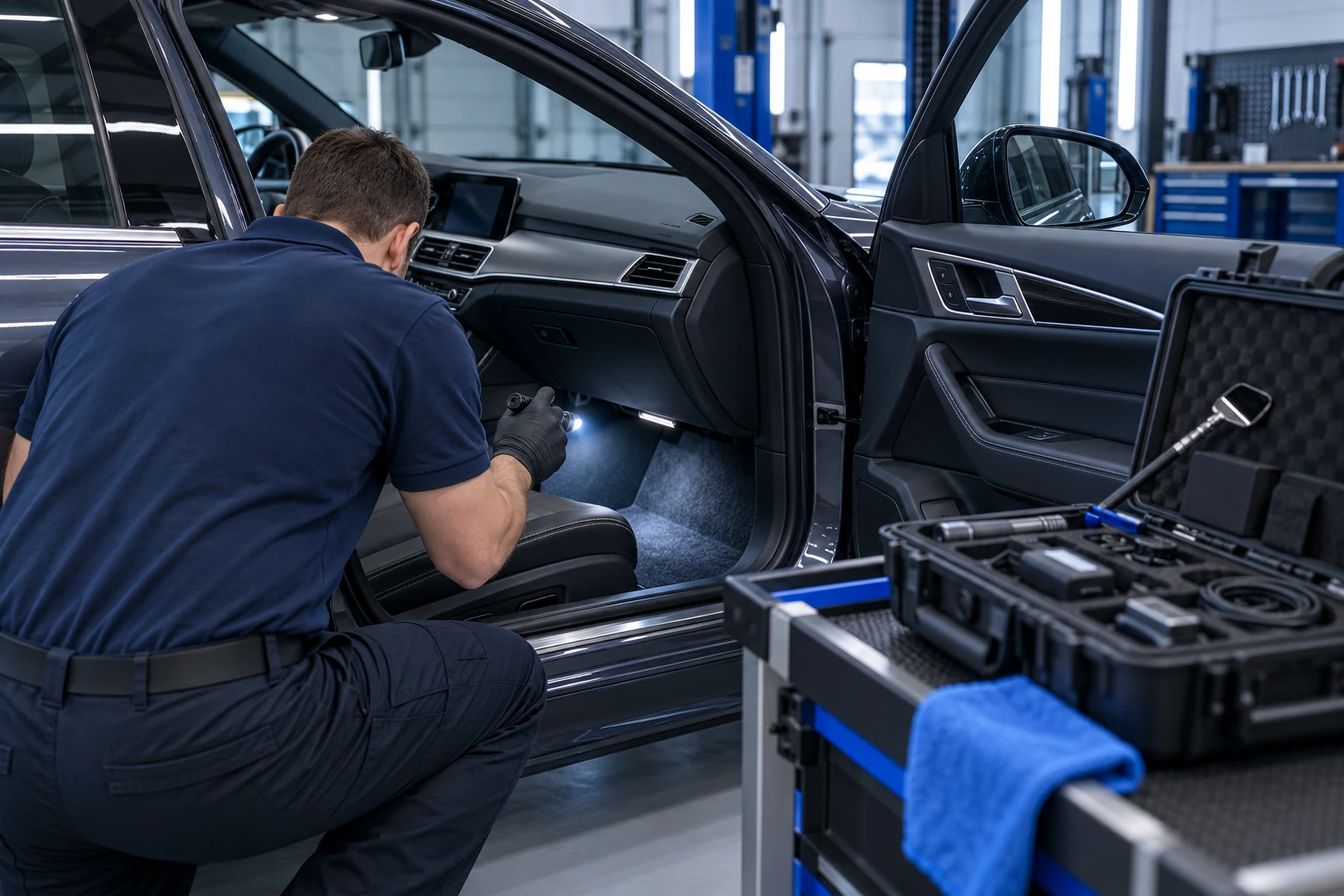 Фахівець оглядає салон автомобіля під час технічної перевірки