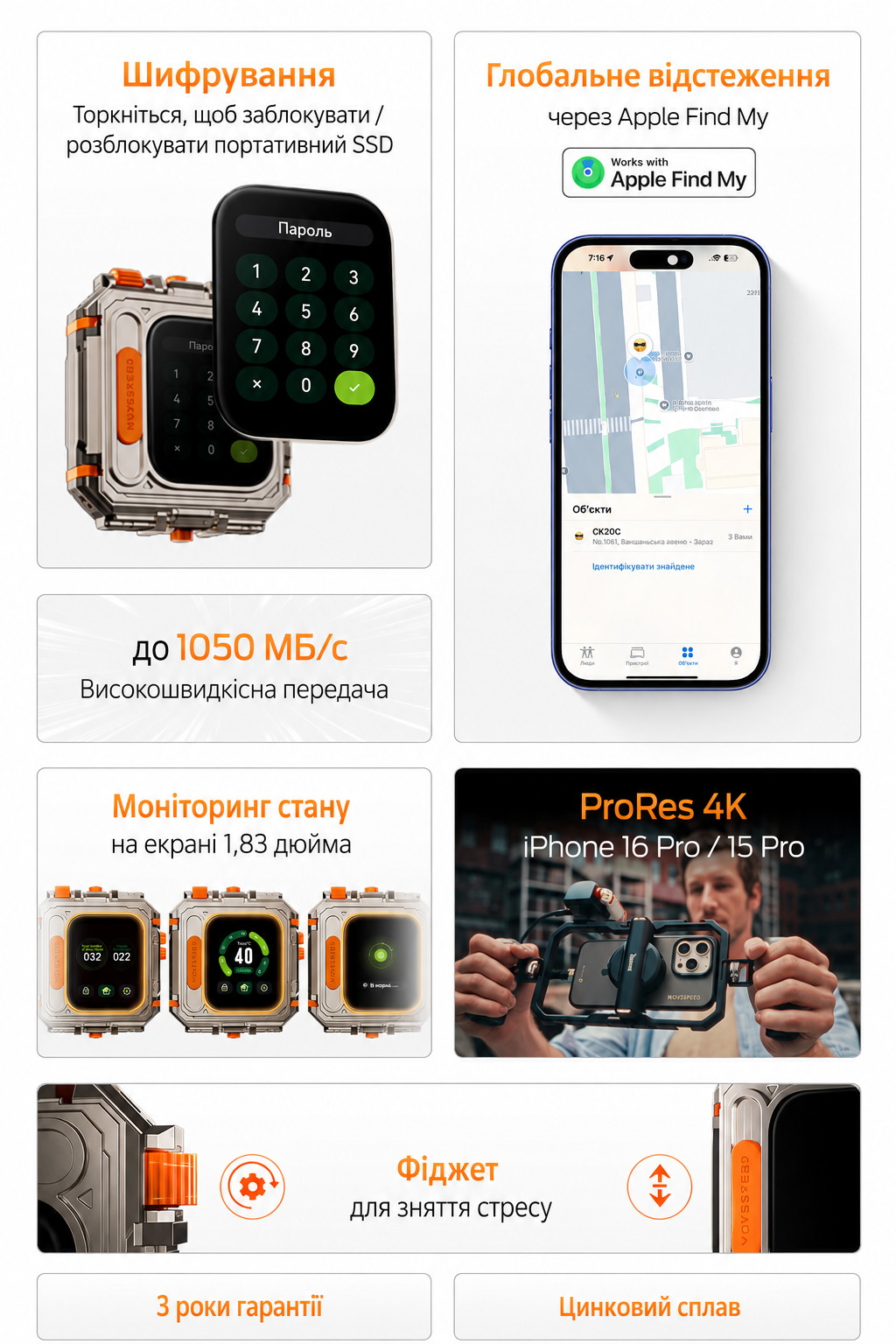 MOVESPEED GD10 портативний SSD 1050 МБ/с із сенсорним екраном та паролем - Зображення 5