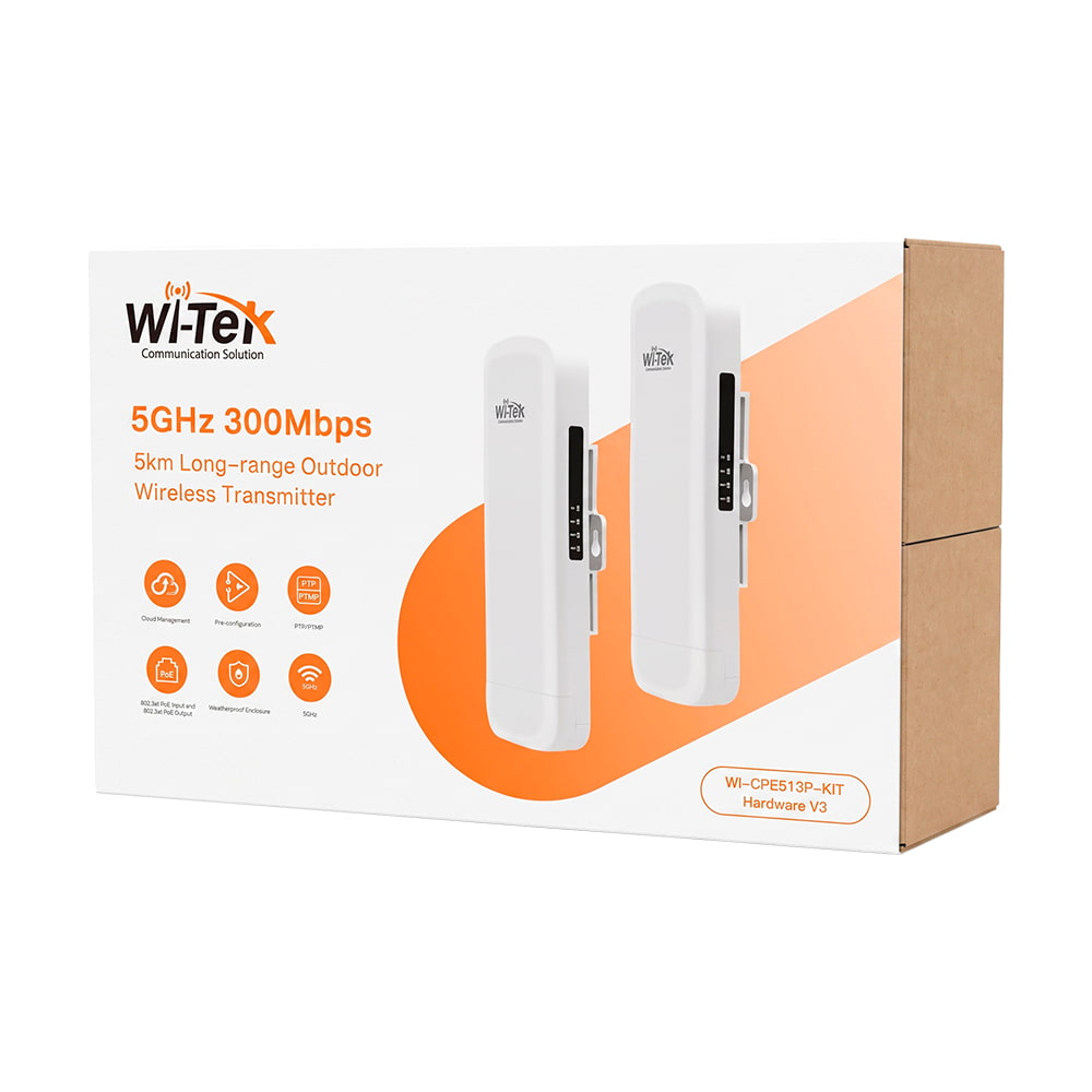 Комплект бездротового моста WiFi Wi-Tek WI-CPE513P-KIT V3 5GHz, 300Mbps, 5km, 2x100Mbps, PoE IN/PoE OUT, Cloud