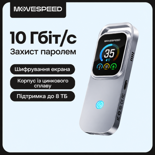 Захищений корпус MOVESPEED AC10 для M.2 NVMe SSD з сенсорним екраном, паролем та USB-C 10 Гбіт/с